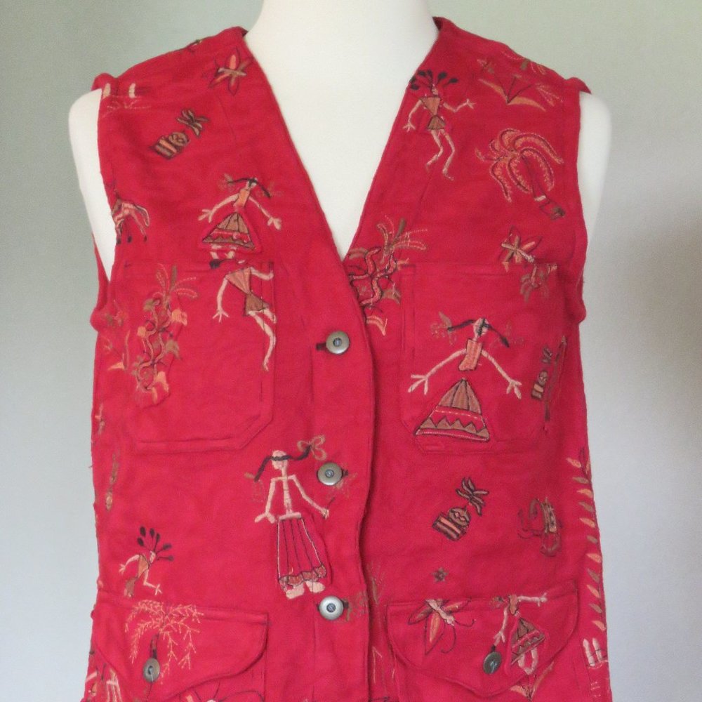 Chico's Size 0 Small (4-6) Embroidered Native Ethnic Design Red Vest Jacket